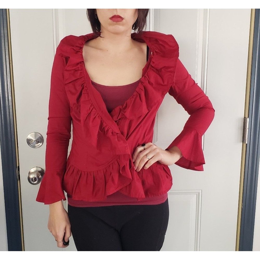 Red Cotton Wrap Top with Frilly Collar